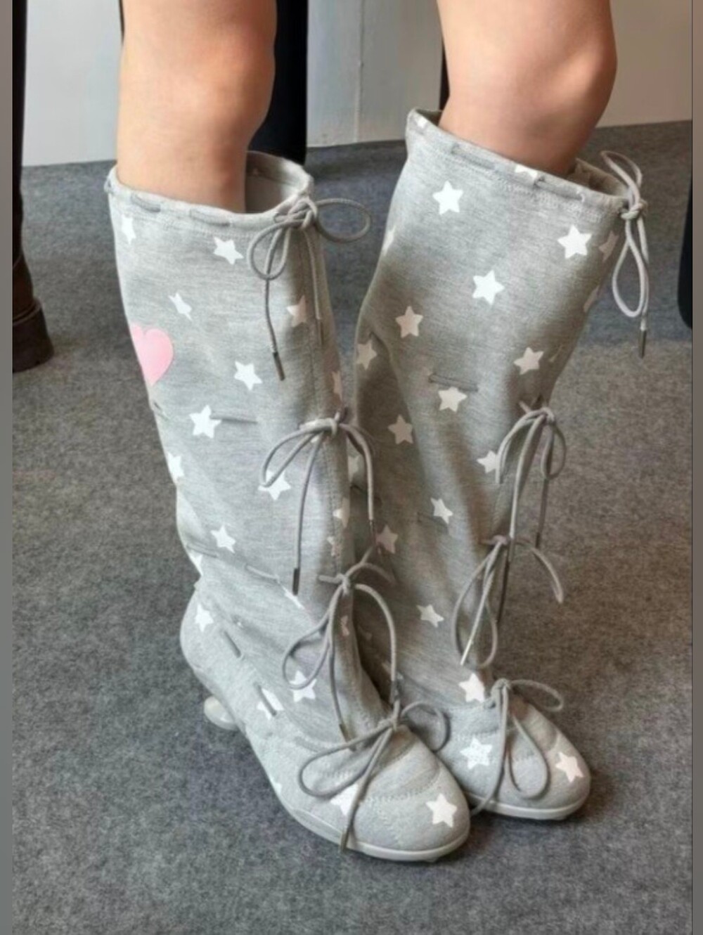 Star Heart Print Lace-Up Knee High Boots for Women, Slim Kitten Heel Distressed